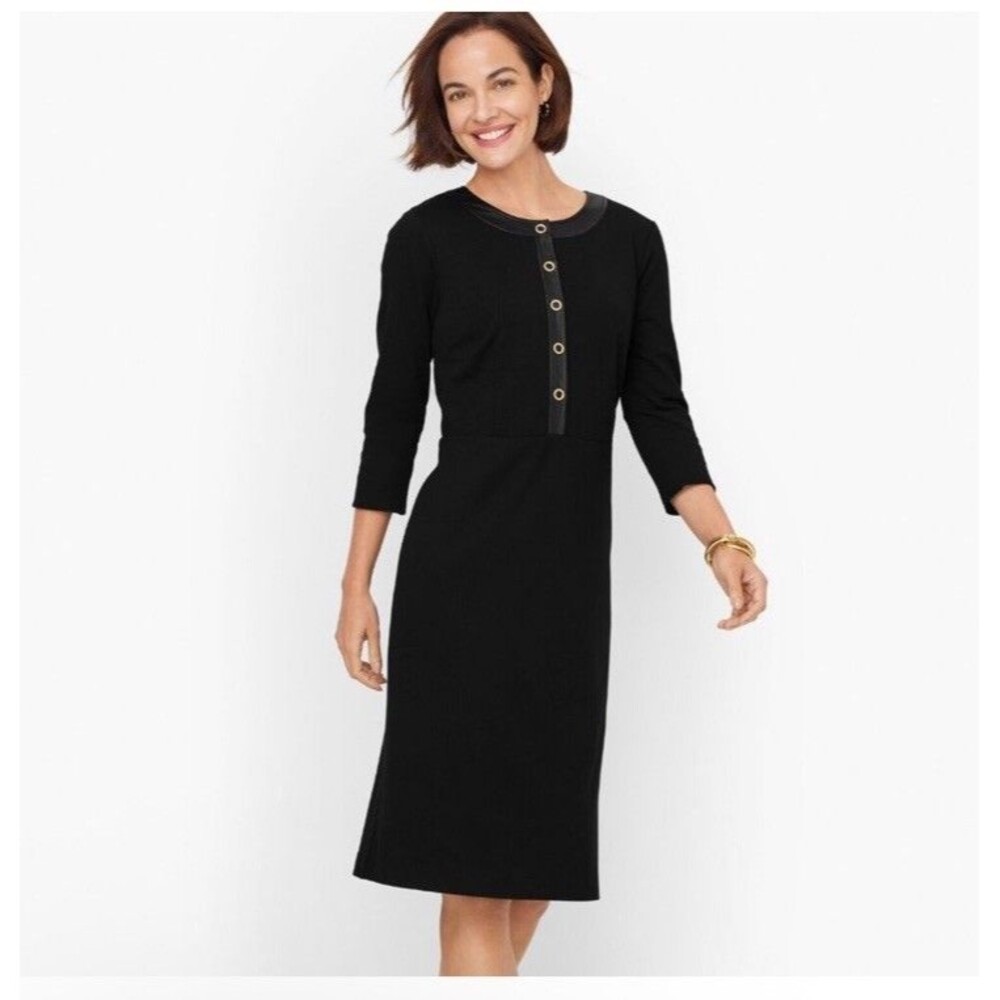 Talbots Black Leather Trim Sheath Dress Size 10 Cocktail Attire Minimalist NWT